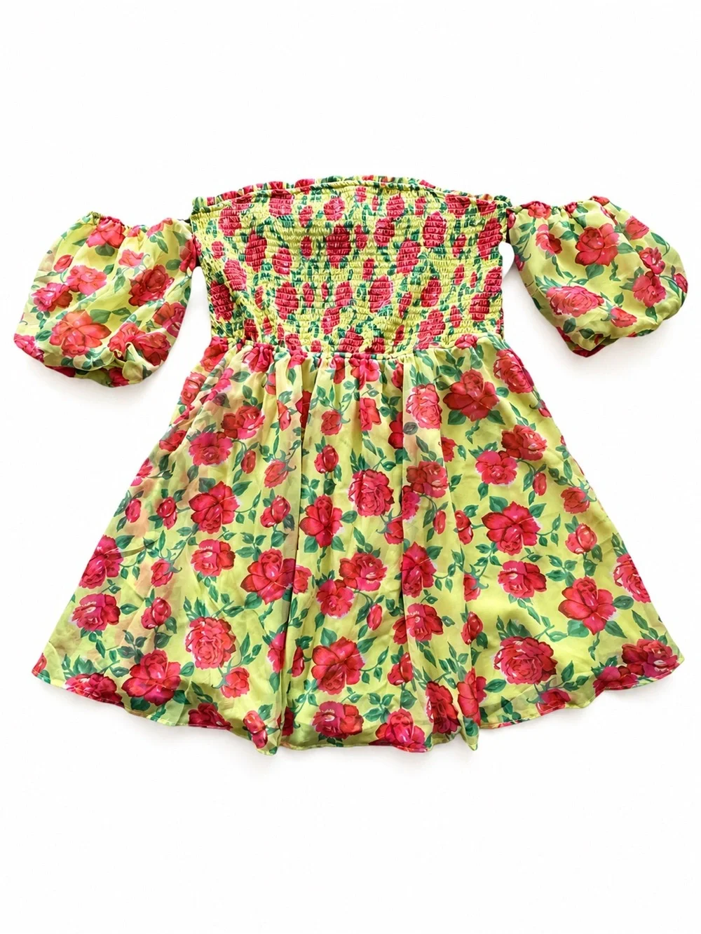 Betsey Johnson Arianna Rose Garden Mini Dress XL Smocked Off Shoulder Floral
